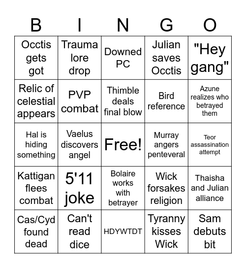 Campaign 4 Ep. 3 Bingo Card