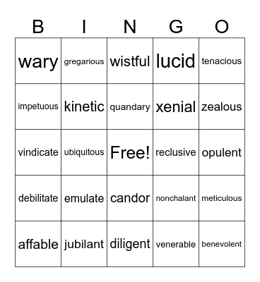 ACT Vocabulary Bingo Card