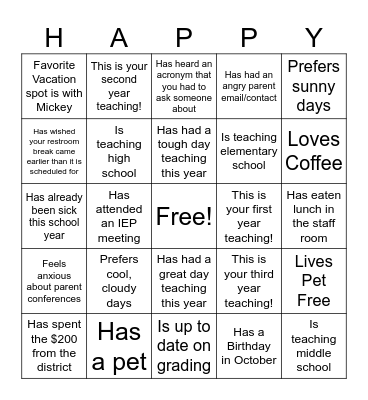 GAPS New Teacher Bingo! Bingo Card