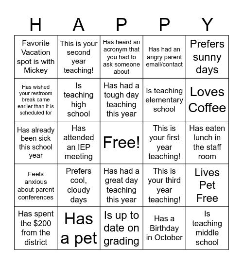 GAPS New Teacher Bingo! Bingo Card