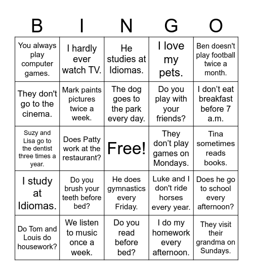 PRESENT SIMPLE Bingo Card