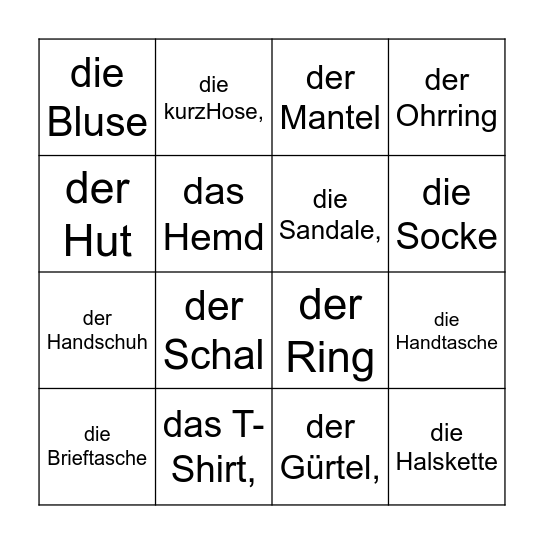 KLEIDUNG Bingo Card