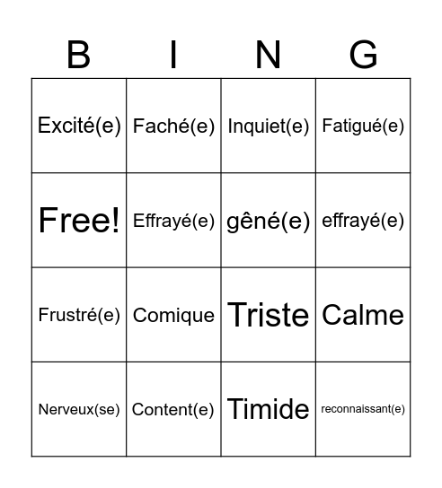 Les émotions Bingo Card