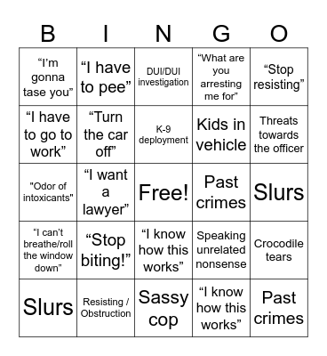 Bodycam Bingo Card