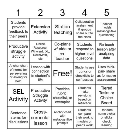 Special Education Dept Instructional Bingo Card