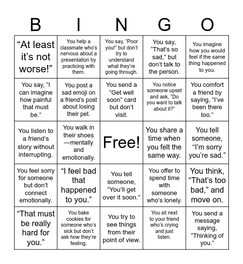 Sympathy vs Empathy Bingo Card
