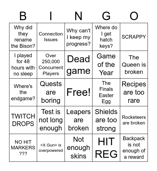 ARC Raiders Server Slam Bingo Card