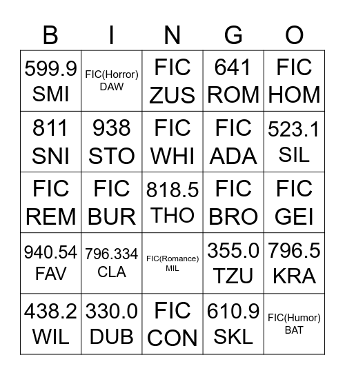 Call Number Bingo Card