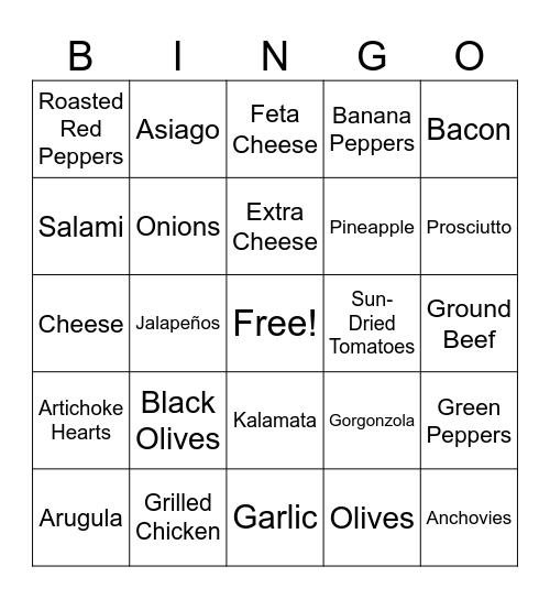 Pizza Bingo Card