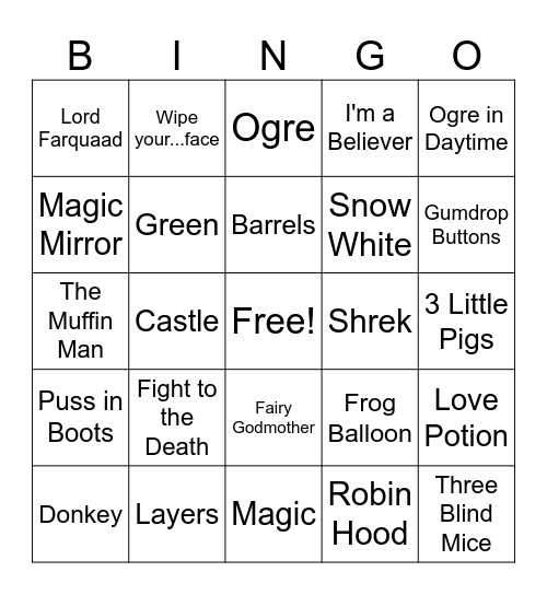 Shrek Bingo Card