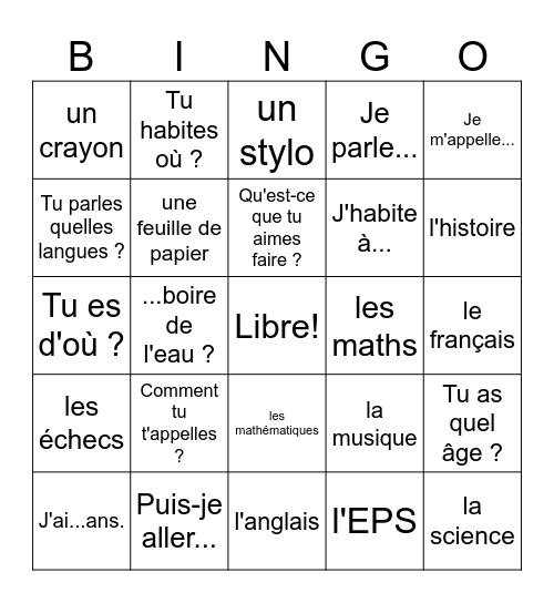 Vocabulaire Bingo Card