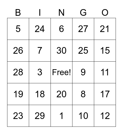 Numeros 1 a 31 Bingo Card