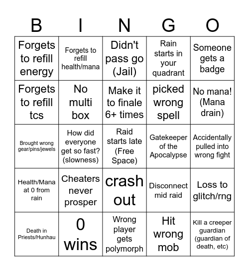 Wiz101 Raid Bingo (Crying Sky) Bingo Card