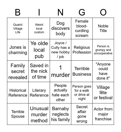 Midsumer Murders Jones Edition Bingo Card