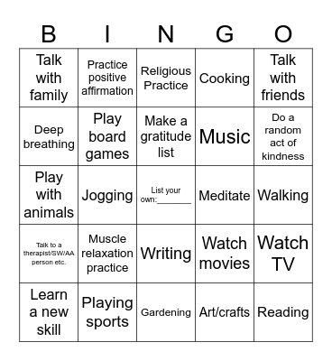 Self Care Activities Bingo Card