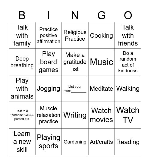 Self Care Activities Bingo Card