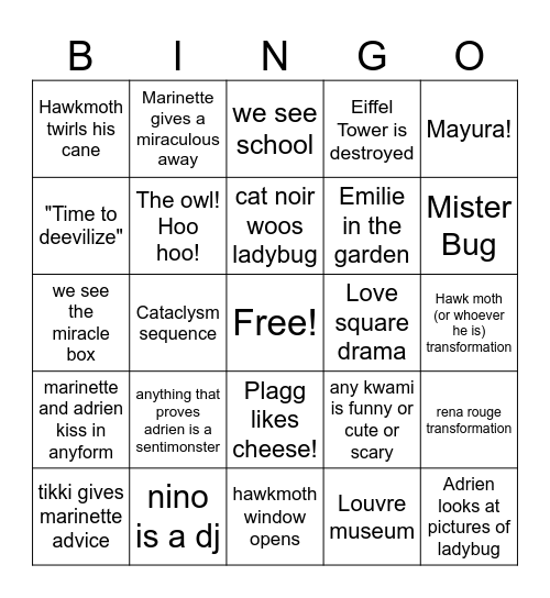 Miraculous Episode Bingo! Bingo Card
