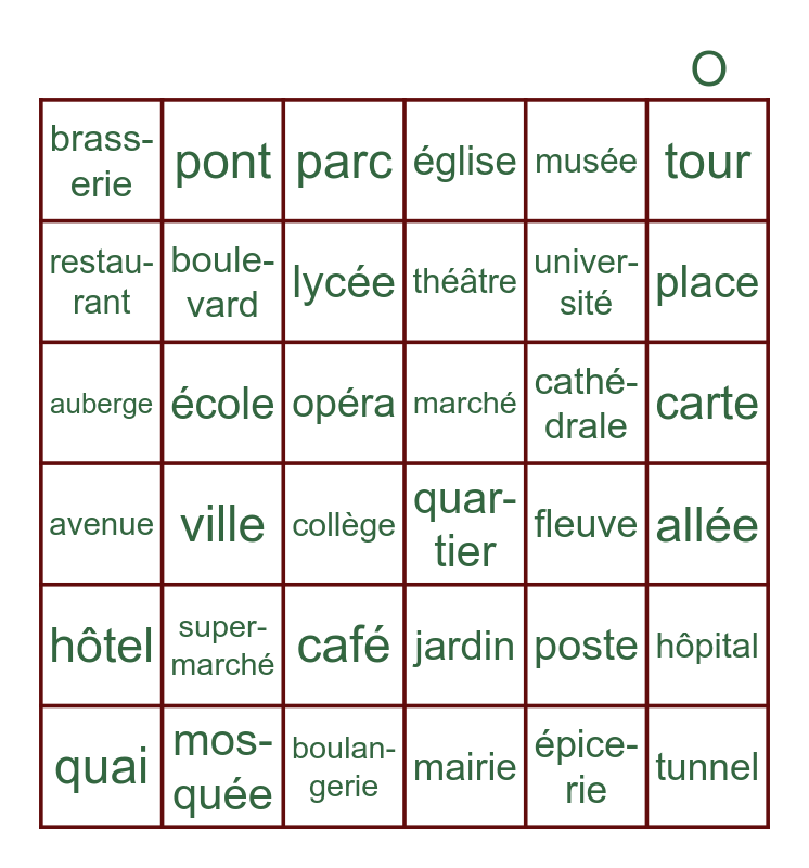 lieux en ville Bingo Card