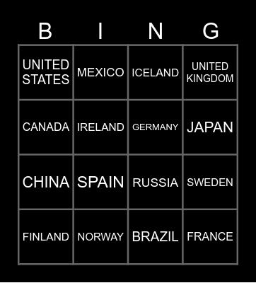 COUNTRIES Bingo Card