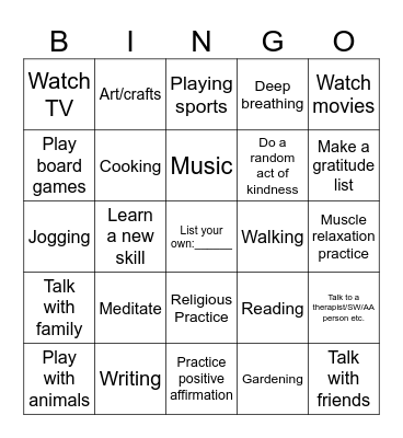 Self Care Activities Bingo Card