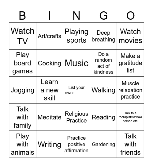 Self Care Activities Bingo Card