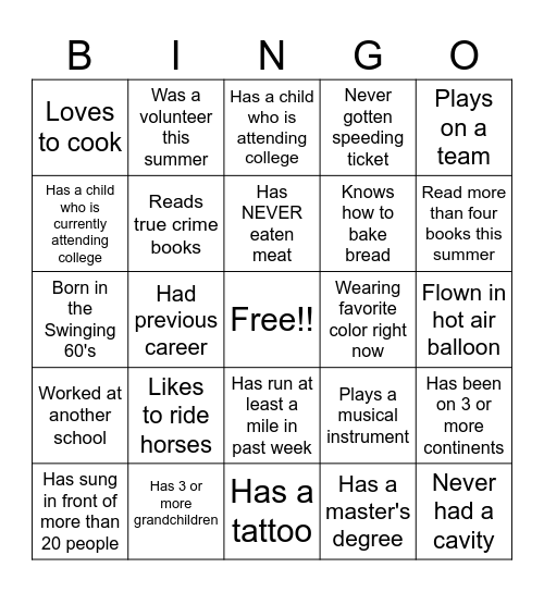 Faculty-Staff Bingo (Find someone who...) Bingo Card