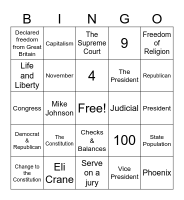 Civics Exam Prep Bingo Card
