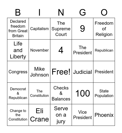 Civics Exam Prep Bingo Card