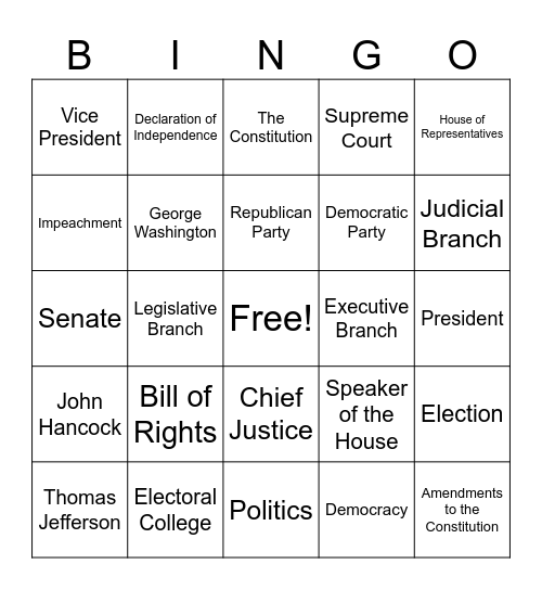 American Goverment Bingo Card