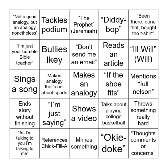 K Reed Bingo Card