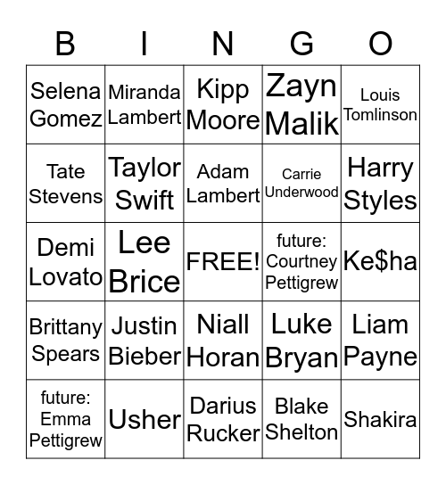 Singers Bingo Card