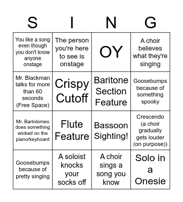 Fall Choir Concert Bingo Card