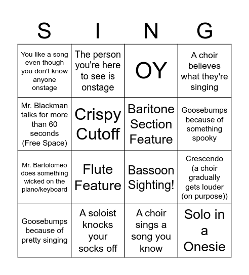 Fall Choir Concert Bingo Card