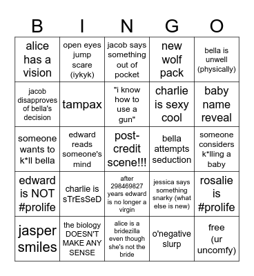 Breaking Dawn Part 1 Bingo Card