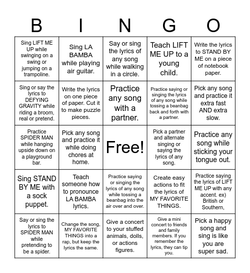 Chorus Practice: Lyric Challenge Bingo Card