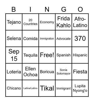 Hispanic Heritage Bingo Card