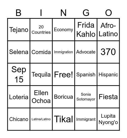 Hispanic Heritage Bingo Card