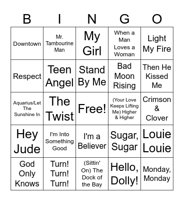 60's Hits - A2 Bingo Card