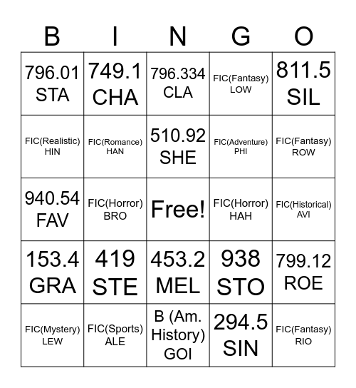 Call Number Bingo Fall 2025 Bingo Card