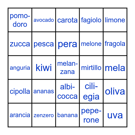 frutta verdura Bingo Card