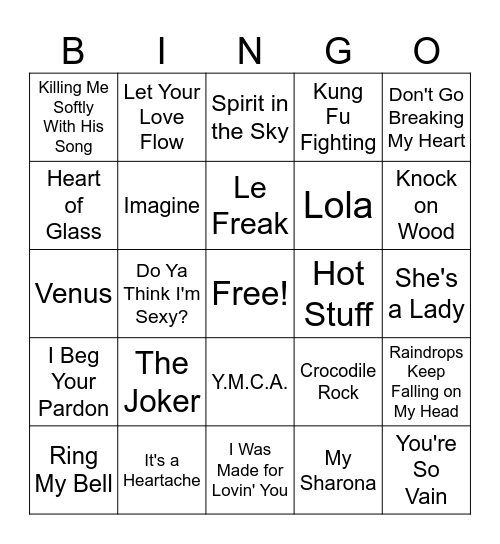 70's Hits - A3 Bingo Card