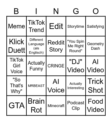YouTube Shorts Bingo Card