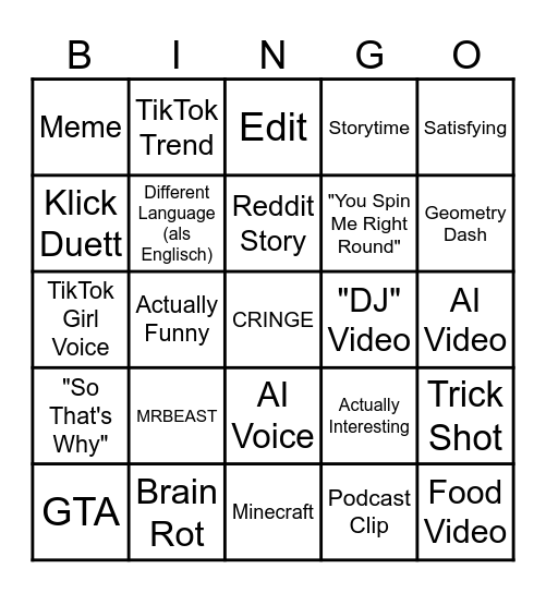 YouTube Shorts Bingo Card