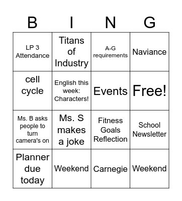 Homeroom Bingo Grade 10 10/21/25 Bingo Card