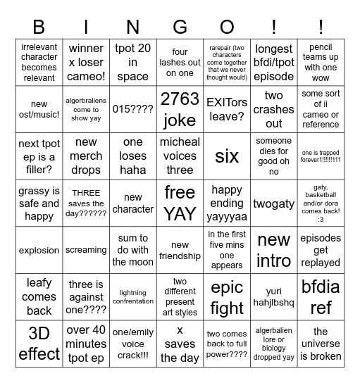 tpot 20 bingo!!!!!!!!!!!!!!!!!!!! Bingo Card