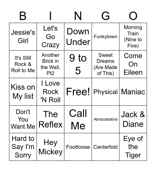 80's Hits - A4 Bingo Card