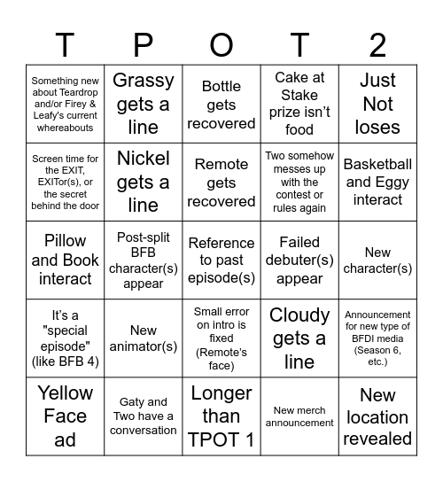 TPOT 2 Bingo Card