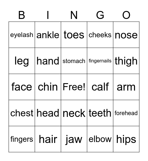 BODY PARTS BINGO Card