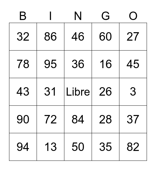 Numbers in Spanish Bingo Card