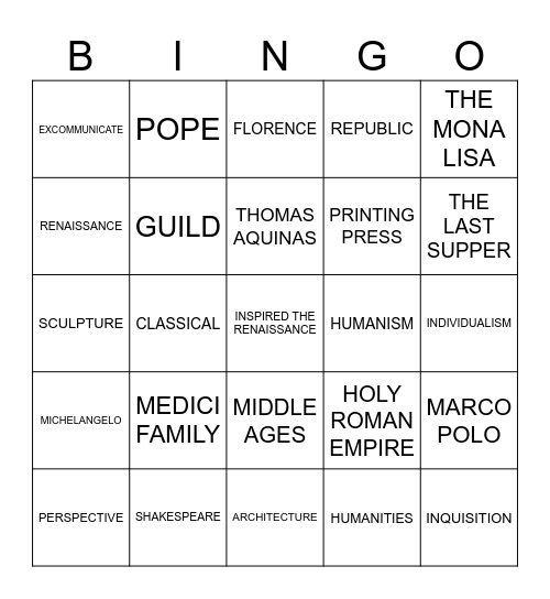 Renaissance Bingo Card